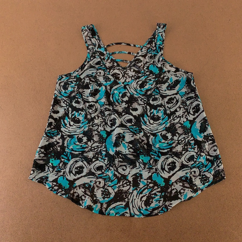 Nollie Women's Medium Black Gray Blue Printed Sheer Strappy Pullover Tank Top